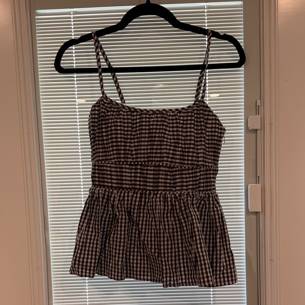 Brown Gingham Smocked Peplum Camisole